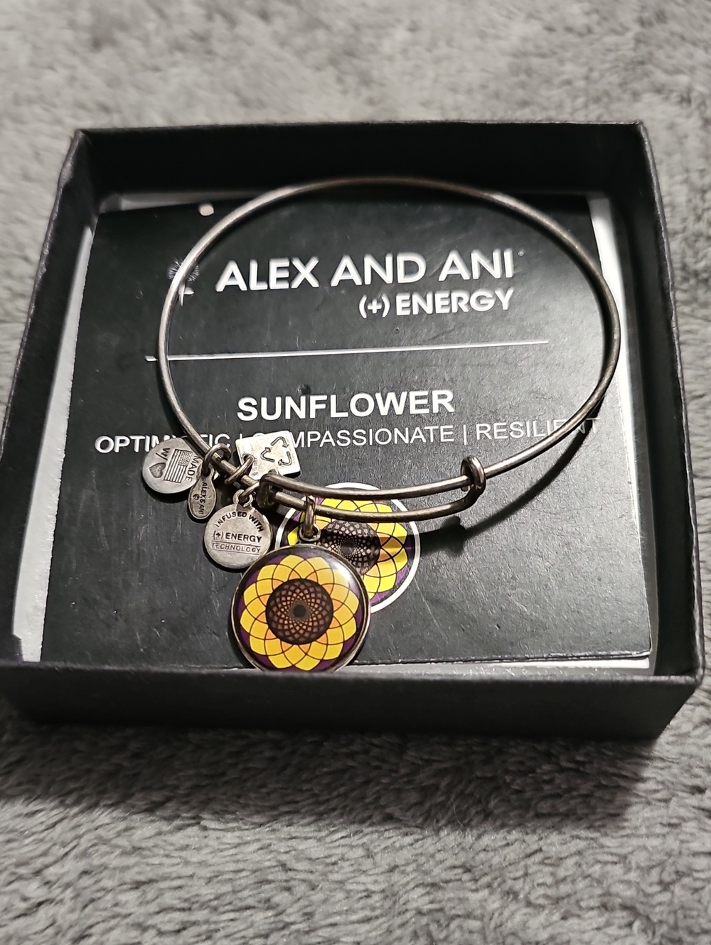 Vintage 2014 Alex and Ani Sunflower Enamel Charm Bangle Bracelet